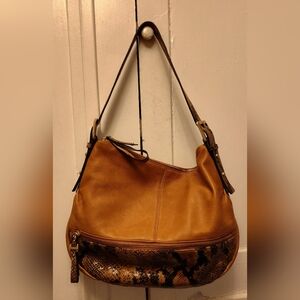 B Makowsky Brown Leather Snake Skin Print Shoulder Bag Purse